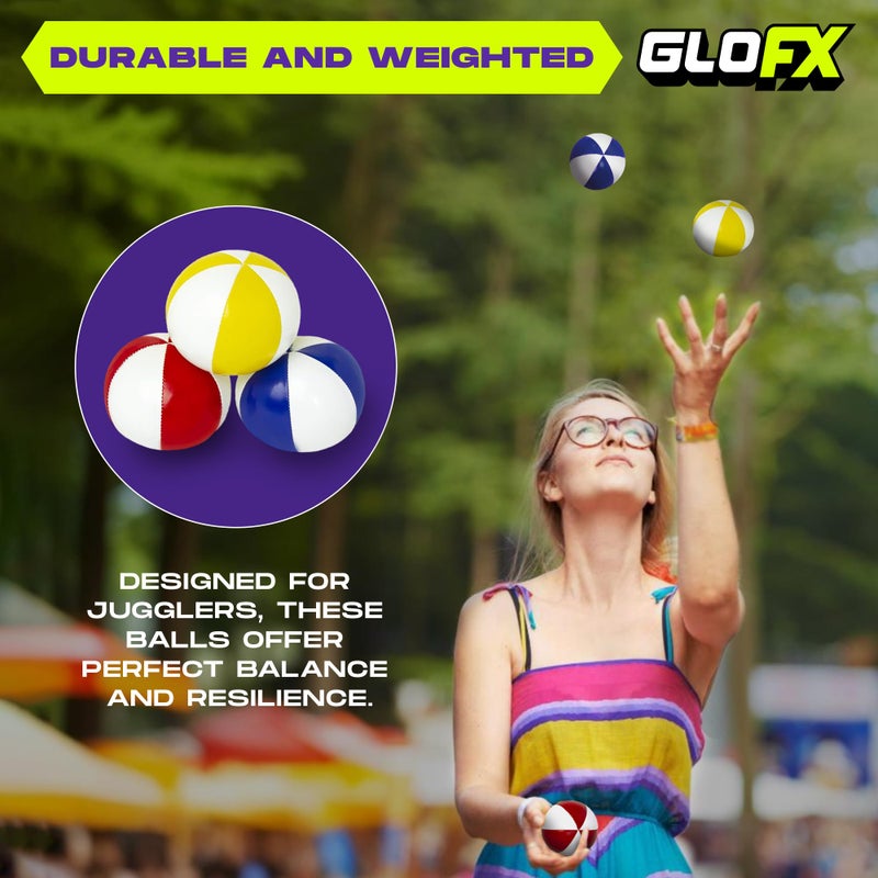 GloFX Juggling Balls [Pack of 3] for Beginners to Advanced Jugglers - No Bounce Design - Durable Weighted Juggle Ball Kit - 2 Layer Construction - Soft and Easy Juggling Kit - Mixed Colors - Image 4